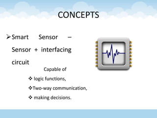 CONCEPTS
Smart Sensor –
Sensor + interfacing
circuit
Capable of
 logic functions,
Two-way communication,
 making decisions.
 