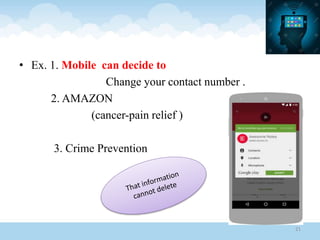 • Ex. 1. Mobile can decide to
Change your contact number .
2. AMAZON
(cancer-pain relief )
3. Crime Prevention
21
 