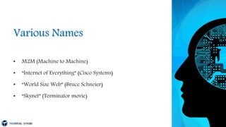 Various Names
• M2M (Machine to Machine)
• “Internet of Everything” (Cisco Systems)
• “World Size Web” (Bruce Schneier)
• “Skynet” (Terminator movie)
 