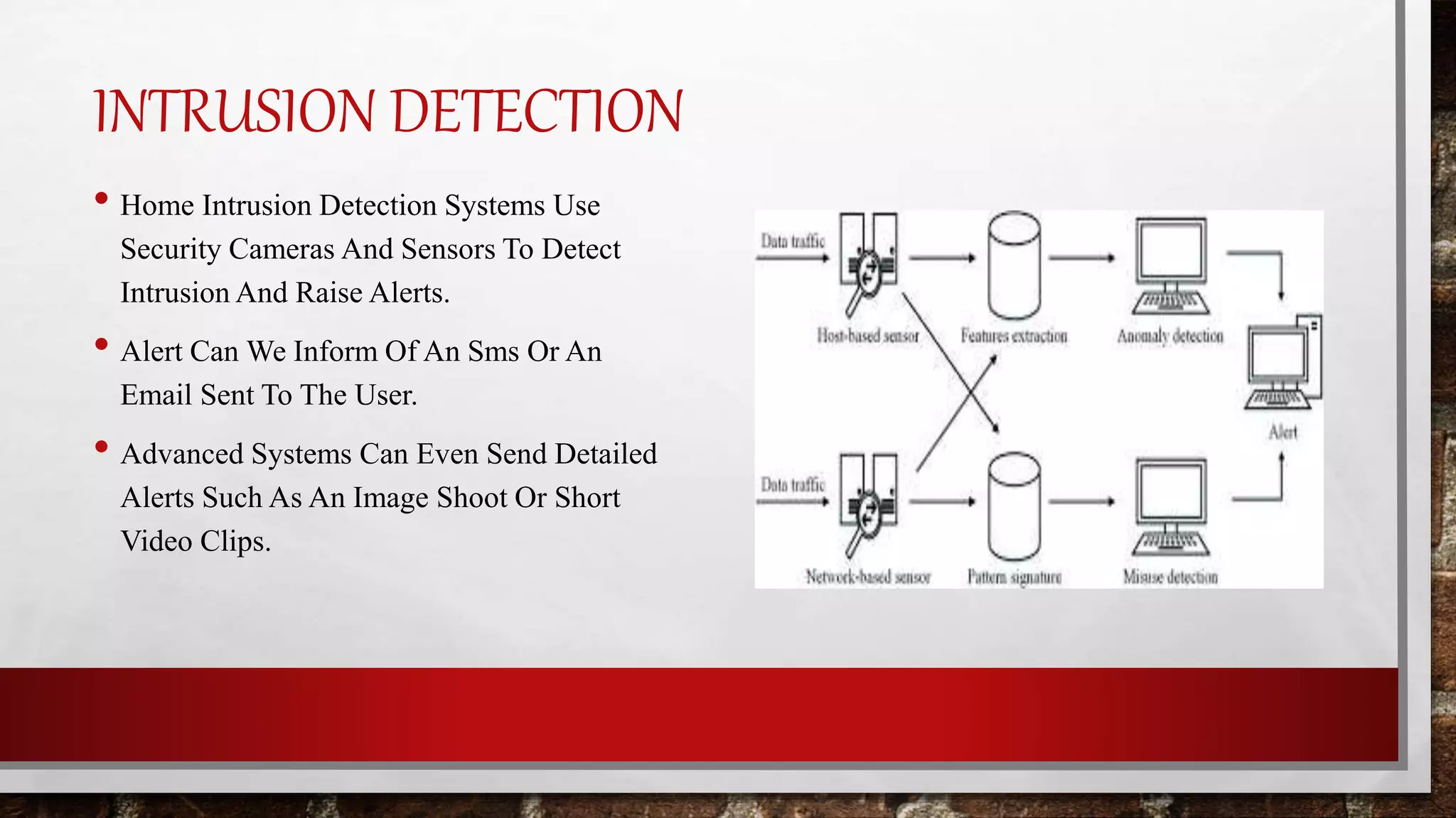 INTRUSION DETECTION
• Home Intrusion Detection Systems Use
Security Cameras And Sensors To Detect
Intrusion And Raise Alerts.
• Alert Can We Inform Of An Sms Or An
Email Sent To The User.
• Advanced Systems Can Even Send Detailed
Alerts Such As An Image Shoot Or Short
Video Clips.
 