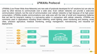 LPWANs Protocol
LPWANs (Low Power Wide Area Networks) are new sets of protocols developed for IoT solutions but can also be
used by other devices to communicate over a wide area. Even cellular networks can provide a wide-area
communication network, but the cost of communication over cellular networks is high because of its high power
consumption. LPWANs enable communications over wide area with the help of small and inexpensive batteries
that can last for long-term making it a cost-saving option in comparison with cellular networks. LPWANs are
commonly used in applications including Smart metering, smart lighting, asset monitoring and tracking, smart
cities, precision agriculture, livestock monitoring, energy management, manufacturing, and industrial IoT
deployments.
 