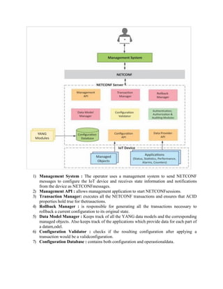 1) Management System : The operator uses a management system to send NETCONF
messages to configure the IoT device and receives state information and notifications
from the device as NETCONFmessages.
2) Management API : allows management application to start NETCONFsessions.
3) Transaction Manager: executes all the NETCONF transactions and ensures that ACID
properties hold true for thetrasactions.
4) Rollback Manager : is responsible for generating all the transactions necessary to
rollback a current configuration to its original state.
5) Data Model Manager : Keeps track of all the YANG data models and the corresponding
managed objects. Also keeps track of the applications which provide data for each part of
a datam,odel.
6) Configuration Validator : checks if the resulting configuration after applying a
transaction would be a validconfiguration.
7) Configuration Database : contains both configuration and operastionaldata.
 