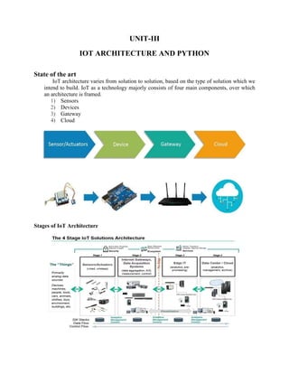UNIT-III
IOT ARCHITECTURE AND PYTHON
State of the art
IoT architecture varies from solution to solution, based on the type of solution which we
intend to build. IoT as a technology majorly consists of four main components, over which
an architecture is framed.
1) Sensors
2) Devices
3) Gateway
4) Cloud
Stages of IoT Architecture
 