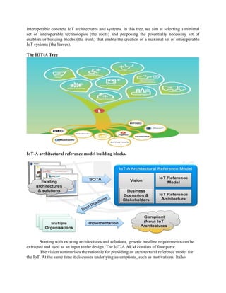 interoperable concrete IoT architectures and systems. In this tree, we aim at selecting a minimal
set of interoperable technologies (the roots) and proposing the potentially necessary set of
enablers or building blocks (the trunk) that enable the creation of a maximal set of interoperable
IoT systems (the leaves).
The IOT-A Tree
IoT-A architectural reference model building blocks.
Starting with existing architectures and solutions, generic baseline requirements can be
extracted and used as an input to the design. The IoT-A ARM consists of four parts:
The vision summarises the rationale for providing an architectural reference model for
the IoT. At the same time it discusses underlying assumptions, such as motivations. Italso
 