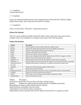 >>> f.readline()
'contains three linesn'
>>> f.readline()
''
Lastly, the readlines() method returns a list of remaining lines of the entire file. All these reading
method return empty values when end of file (EOF) is reached.
>>> f.readlines()
['This is my first filen', 'This filen', 'contains three linesn']
Python File Methods
There are various methods available with the file object. Some of them have been used in above
examples. Here is the complete list of methods in text mode with a brief description.
Python File Methods
Method Description
close() Close an open file. It has no effect if the file is already closed.
detach() Separate the underlying binary buffer from the TextIOBase and return it.
fileno() Return an integer number (file descriptor) of the file.
flush() Flush the write buffer of the file stream.
isatty() Return True if the file stream is interactive.
read(n) Read at most n characters form the file. Reads till end of file if it is negative or None.
readable() Returns True if the file stream can be read from.
readline(n=-1) Read and return one line from the file. Reads in at most n bytes if specified.
readlines(n=-1) Read and return a list of lines from the file. Reads in at most n bytes/characters if specified.
seek(offset,from=SE
EK_SET)
Change the file position to offset bytes, in reference to from (start, current, end).
seekable() Returns True if the file stream supports random access.
tell() Returns the current file location.
truncate(size=None) Resize the file stream to size bytes. If size is not specified, resize to current location.
writable() Returns True if the file stream can be written to.
write(s) Write string s to the file and return the number of characters written.
writelines(lines) Write a list of lines to the file.
Method Description
close() Close an open file. It has no effect if the file is already closed.
detach() Separate the underlying binary buffer from the TextIOBase and returnit.
fileno()Return an integer number (file descriptor) of thefile.
flush() Flush the write buffer of the file stream.
isatty() Return True if the file stream is interactive.
read(n) Read at most n characters form the file. Reads till end of file if it is negative or None.
 