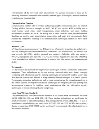 The taxonomy of the IoT based smart environment. The devised taxonomy is based on the
following parameters: communication enablers, network types, technologies, wireless standards,
objectives, and characteristics
Communication Enablers
Communication enablers refer to wireless technologies used to communicate across the Internet.
The key wireless Internet technologies are WiFi, 3G, 4G, and satellite. WiFi is mainly used in
smart homes, smart cities, smart transportation, smart industries, and smart building
environments; whereas, 3G and 4G are mainly used in smart cities and smart grid environments.
Satellites are used in smart transportation, smart cities, and smart grid environments. Table
presents the comparative summary of the communication technologies used in IoT based smart
environments.
Network Types
IoT-based smart environments rely on different types of networks to perform the collaborative
tasks for making the lives of inhabitants more comfortable. The main networks are wireless local
area networks (WLANs), wireless personal area networks (WPANs), wide area networks
(WANs), metropolitan area networks (MANs), and wireless regional area networks (WRANs).
These networks have different characteristics in terms of size, data transfer, and supported reach
ability.
Technologies
IoT-based smart environments leverage various technologies to form a comfortable and suitable
ecosystem. These technologies are include sensing, communication, data fusion, emerging
computing, and information security. Sensing technologies are commonly used to acquire data
from various locations and transmit it using communication technologies to a central location.
The emerging computing technologies, such as cloud computing and fog computing, deployed in
the central location, leverage the data fusion technologies for integrating the data coming from
heterogeneous resources. In addition, smart environments also use information security
technologies to ensure data integrity and user privacy.
Local Area Wireless Standards
The commonly used local area wireless standards in IoT-based smart environments are IEEE
802.11, IEEE 802.15.1, and IEEE 802.15.4. These standard technologies are used inside the
smart environment to transfer the collected data among different devices. IEEE 802.11 is used in
smart homes, smart buildings, and smart cities. IEEE 802.15.1 and IEEE 802.15.4 have relatively
shorter coverage than IEEE 802.11 and are used mainly in sensors and other objects deployed in
the smartenvironments.
 