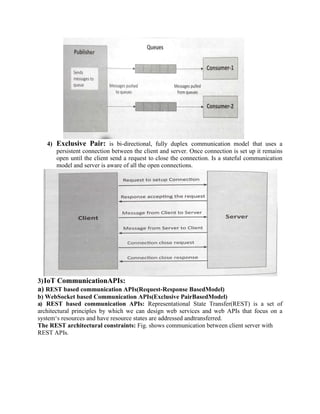 4) Exclusive Pair: is bi-directional, fully duplex communication model that uses a
persistent connection between the client and server. Once connection is set up it remains
open until the client send a request to close the connection. Is a stateful communication
model and server is aware of all the open connections.
3)IoT CommunicationAPIs:
a) REST based communication APIs(Request-Response BasedModel)
b) WebSocket based Communication APIs(Exclusive PairBasedModel)
a) REST based communication APIs: Representational State Transfer(REST) is a set of
architectural principles by which we can design web services and web APIs that focus on a
system‘s resources and have resource states are addressed andtransferred.
The REST architectural constraints: Fig. shows communication between client server with
REST APIs.
 