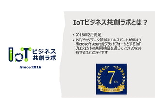 • 2016年2月発足
• IoT/ビッグデータ領域のエキスパートが集まり
Microsoft AzureをプラットフォームとするIoT
プロジェクトの共同検証を通じてノウハウを共
有するコミュニティです
IoTビジネス共創ラボとは?
Since 2016
 