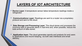 LAYERS OF IOT ARCHITECTURE
• Device Layer: A temperature sensor takes temperature readings inside a
refrigerator.
• Communications Layer: Readings are sent to a router via a proprietary
protocol and sent to the cloud.
• Data Storage and Processing Layer: The cloud stores and processes the
incoming data to generate alerts in real time and, when possible, reduce the
total amount of data stored.
• Application layer: The cloud generates reports and analysis for end users
to applications and record keeping, via both web interfaces and email
delivery.
 