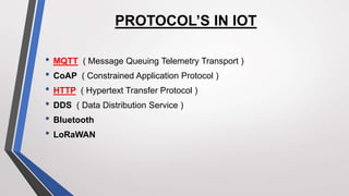 PROTOCOL’S IN IOT
• MQTT ( Message Queuing Telemetry Transport )
• CoAP ( Constrained Application Protocol )
• HTTP ( Hypertext Transfer Protocol )
• DDS ( Data Distribution Service )
• Bluetooth
• LoRaWAN
 