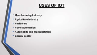 USES OF IOT
• Manufacturing Industry
• Agriculture Industry
• Healthcare
• Home Automation
• Automobile and Transportation
• Energy Sector
 