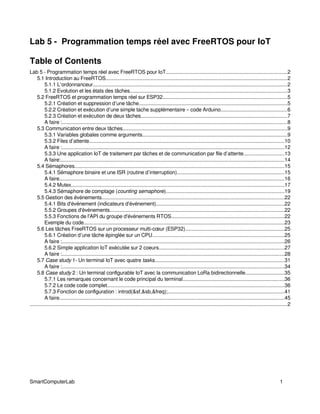 Lab 5 - Programmation temps réel avec FreeRTOS pour IoT
Table of Contents
Lab 5 - Programmation temps réel avec FreeRTOS pour IoT.............................................................................................2
5.1 Introduction au FreeRTOS...........................................................................................................................................2
5.1.1 L’ordonnanceur....................................................................................................................................................2
5.1.2 Evolution et les états des tâches........................................................................................................................3
5.2 FreeRTOS et programmation temps réel sur ESP32...............................................................................................5
5.2.1 Création et suppression d’une tâche.................................................................................................................5
5.2.2 Création et exécution d’une simple tache supplémentaire – code Arduino...................................................6
5.2.3 Création et exécution de deux tâches................................................................................................................7
A faire :............................................................................................................................................................................8
5.3 Communication entre deux tâches..............................................................................................................................9
5.3.1 Variables globales comme arguments...............................................................................................................9
5.3.2 Files d’attente.....................................................................................................................................................10
A faire :..........................................................................................................................................................................12
5.3.3 Une application IoT de traitement par tâches et de communication par file d’attente...............................13
A faire:...........................................................................................................................................................................14
5.4 Sémaphores................................................................................................................................................................15
5.4.1 Sémaphore binaire et une ISR (routine d’interruption)..................................................................................15
A faire............................................................................................................................................................................16
5.4.2 Mutex...................................................................................................................................................................17
5.4.3 Sémaphore de comptage (counting semaphore)..........................................................................................19
5.5 Gestion des événements...........................................................................................................................................22
5.4.1 Bits d'événement (indicateurs d'événement)..................................................................................................22
5.5.2 Groupes d'événements.....................................................................................................................................22
5.5.3 Fonctions de l'API du groupe d'événements RTOS......................................................................................22
Exemple du code.........................................................................................................................................................23
5.6 Les tâches FreeRTOS sur un processeur multi-cœur (ESP32)...........................................................................25
5.6.1 Création d’une tâche épinglée sur un CPU.....................................................................................................25
A faire :..........................................................................................................................................................................26
5.6.2 Simple application IoT exécutée sur 2 coeurs................................................................................................27
A faire :..........................................................................................................................................................................28
5.7 Case study 1- Un terminal IoT avec quatre tasks...................................................................................................31
A faire :..........................................................................................................................................................................34
5.8 Case study 2 : Un terminal configurable IoT avec la communication LoRa bidirectionnelle..............................35
5.7.1 Les remarques concernant le code principal du terminal..............................................................................36
5.7.2 Le code code complet.......................................................................................................................................36
5.7.3 Fonction de configuration : introd(&sf,&sb,&freq);.........................................................................................41
A faire............................................................................................................................................................................45
.....................................................................................................................................................................................................2
SmartComputerLab 1
 