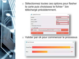 o Sélectionnez toutes ces options pour flasher
la carte puis choisissez le fichier *.bin
téléchargé précédemment.
o Valider par ok pour commencer le processus
 