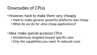 Downsides of CPUs
•However, hard to make them very cheaply
• Hard to make general, powerful platforms also cheap
• What do we do for ultra-cheap applications?
•Idea: make special-purpose CPUs
• Architectures targeted toward specific uses
• Only the capabilities you need  reduced costs
 