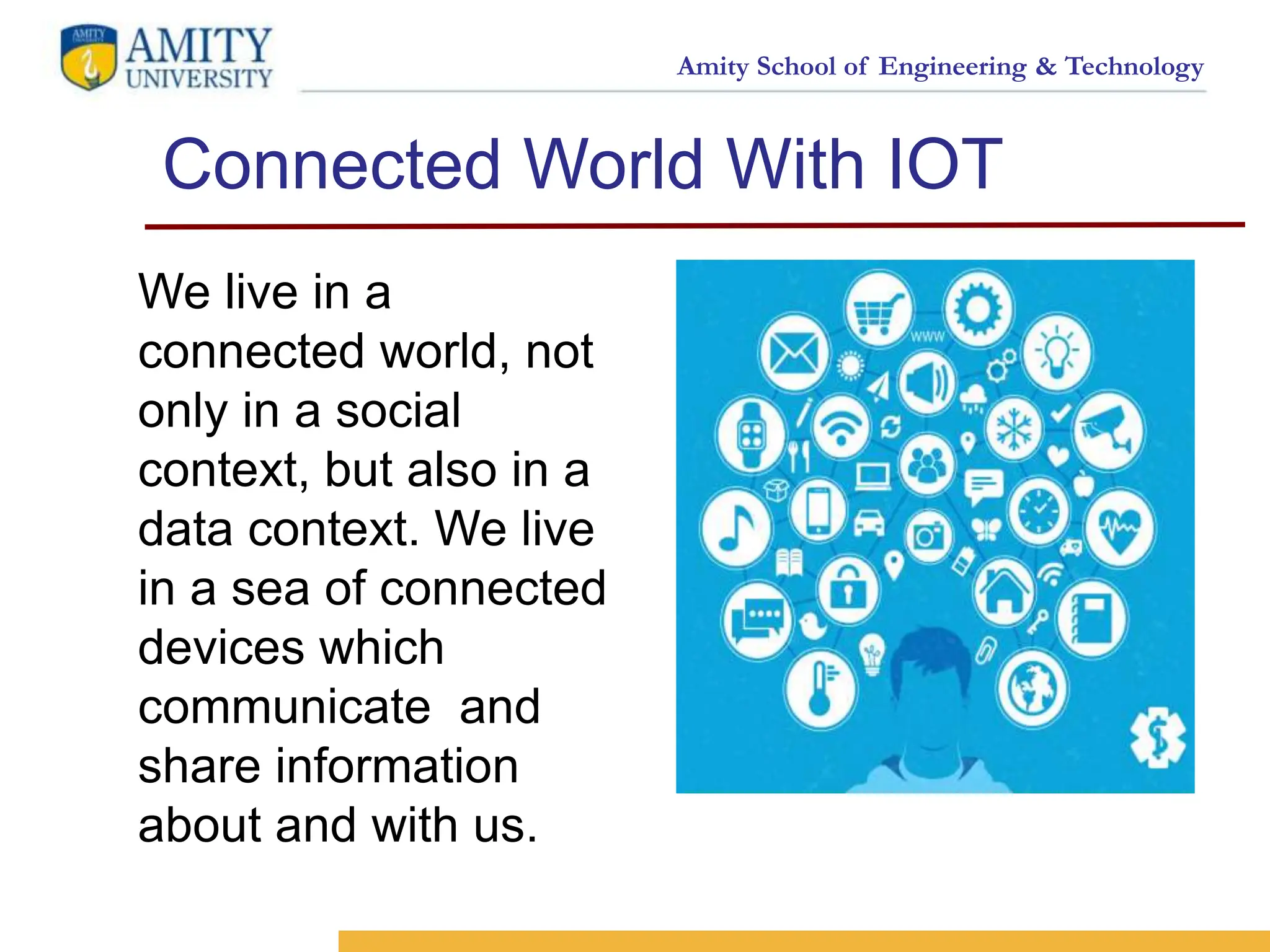Amity School of Engineering & Technology
Connected World With IOT
15
<SELO:
1,9>
<Reference No.: 1>
We live in a
connected world, not
only in a social
context, but also in a
data context. We live
in a sea of connected
devices which
communicate and
share information
about and with us.
 