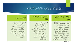 ‫کتابخانه‬ ‫در‬ ‫اشیا‬ ‫اینترنت‬ ‫کلیدی‬ ‫اجزای‬
‫سحرآمیز‬ ‫آینه‬
•
،‫دوربین‬ ‫از‬
‫با‬ ‫حسگر‬
‫قابلیت‬
Wi-Fi
‫که‬ ‫شده‬ ‫تشکیل‬
‫و‬ ‫افراد‬ ‫تعامل‬
‫را‬ ‫کامپیوترها‬
‫می‬ ‫فراهم‬
‫آورد‬
.
‫تحت‬ ‫ای‬ ‫الیه‬ ‫حسگر‬
‫فشار‬
•
‫ورق‬ ‫یک‬ ‫از‬
‫تشکیل‬ ‫نازک‬
‫با‬ ‫که‬ ‫شده‬
‫فناوری‬
Wi-Fi
‫به‬
‫پردازش‬ ‫واحد‬
‫و‬ ‫شود‬ ‫می‬ ‫وصل‬
‫را‬ ‫سیستم‬
‫ضبط‬ ‫و‬ ‫کنترل‬
‫کند‬ ‫می‬
.
‫بی‬ ‫حسگر‬ ‫های‬ ‫شبکه‬
‫سیم‬
•
‫سیستم‬ ‫با‬
RFID
‫ردیابی‬ ‫برای‬
‫اشیا‬ ‫بهتر‬
‫و‬ ‫کرده‬ ‫همکاری‬
‫مربوط‬ ‫اطالعات‬
‫یک‬ ‫موقعیت‬ ‫به‬
‫صورت‬ ‫به‬ ‫را‬ ‫شی‬
‫بدست‬ ‫تر‬ ‫دقیق‬
‫گزارش‬ ‫و‬ ‫آورده‬
‫دهد‬
.
 