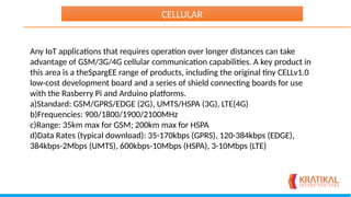 Any IoT applications that requires operation over longer distances can take
advantage of GSM/3G/4G cellular communication capabilities. A key product in
this area is a theSpargEE range of products, including the original tiny CELLv1.0
low-cost development board and a series of shield connecting boards for use
with the Rasberry Pi and Arduino platforms.
a)Standard: GSM/GPRS/EDGE (2G), UMTS/HSPA (3G), LTE(4G)
b)Frequencies: 900/1800/1900/2100MHz
c)Range: 35km max for GSM; 200km max for HSPA
d)Data Rates (typical download): 35-170kbps (GPRS), 120-384kbps (EDGE),
384kbps-2Mbps (UMTS), 600kbps-10Mbps (HSPA), 3-10Mbps (LTE)
CELLULAR
 