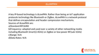 A key IP-based technology is 6LowPAN. Rather than being an IoT application
protocols technology like Bluetooth or ZigBee, 6LowPAN is a network protocol
that defines encapsulation and header compression mechanisms.
Sources of 6LowPAN are:
a)Standard:RFC6282
b)Frequency: adapted and used over a variety of other networking media
including Bluetooth Smart(2.4GHz) or ZigBee or low-power RF(sub-1GHz)
c)Range: N/A
d)Data Rates: N/A
6LoWPAN
 