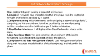 Steps that Contribute in forming a strong IoT architecture
1.Drivers:Iot Networks have characteristics that are unique from the traditional
network architectures adopted by IT World.
2.Comparison among IoT Architectures: While designing a network design for IoT,
comparing the features and functionalities provided by the already existing
architectures is essential to build a stronger & better architecture.
3.Simplified Architectures: It all Begins with a Simplified version what’s yet to
come.
4.Core Functional Stack: This step comprises of an overview of the entire
networking stack including the application layer and sensors.
5.Computation and data Management of Stack: Data Management solutions
along with resources models like that of cloud computing, are included in this
phase.
IoT Network Architecture & Design
 
