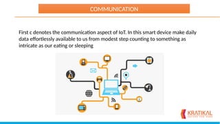 First c denotes the communication aspect of IoT. In this smart device make daily
data effortlessly available to us from modest step counting to something as
intricate as our eating or sleeping
COMMUNICATION
 