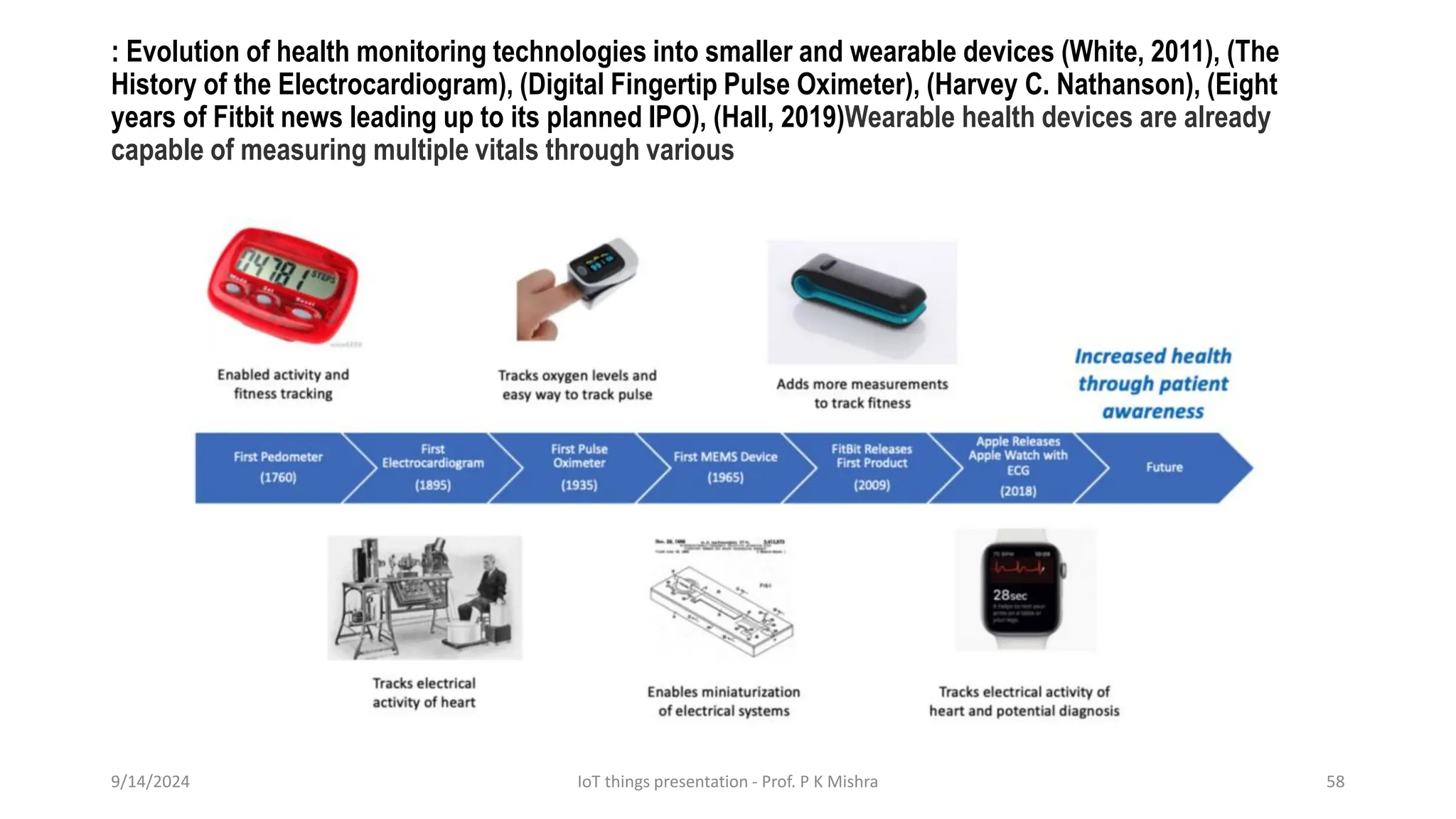 : Evolution of health monitoring technologies into smaller and wearable devices (White, 2011), (The
History of the Electrocardiogram), (Digital Fingertip Pulse Oximeter), (Harvey C. Nathanson), (Eight
years of Fitbit news leading up to its planned IPO), (Hall, 2019)Wearable health devices are already
capable of measuring multiple vitals through various
9/14/2024 IoT things presentation - Prof. P K Mishra 58
 