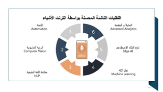 ‫األتمتة‬
Automation
‫الحاسوبية‬ ‫الرؤية‬
Computer Vision
‫الطبيعية‬ ‫اللغة‬ ‫معالجة‬
NLP
‫المتقدمة‬ ‫التحليالت‬
Advanced Analytics
‫االصطناعي‬ ‫الذكاء‬ ‫إيدج‬
Edge AI
‫األلة‬ ‫تعلم‬
Machine Learning
18
 