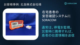 お客様事例: 北良株式会社様
在宅患者の
安否確認システムに
SORACOM
通常は、停電を監視。
災害時に携帯すれば、
患者の位置情報を送信
 