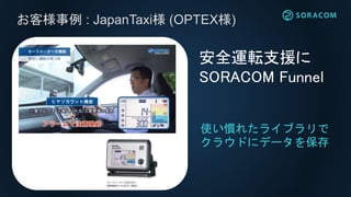 お客様事例 : JapanTaxi様 (OPTEX様)
安全運転支援に
SORACOM Funnel
使い慣れたライブラリで
クラウドにデータを保存
 