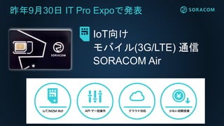 IoT向け
モバイル(3G/LTE) 通信
SORACOM Air
昨年9月30日 IT Pro Expoで発表
 