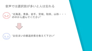 音声では選択肢が多いと人は忘れる
“北海道、青森、岩手、宮城、秋田、山形・・・
の中から選んでください”
“お住まいの都道府県を教えて下さい”
 