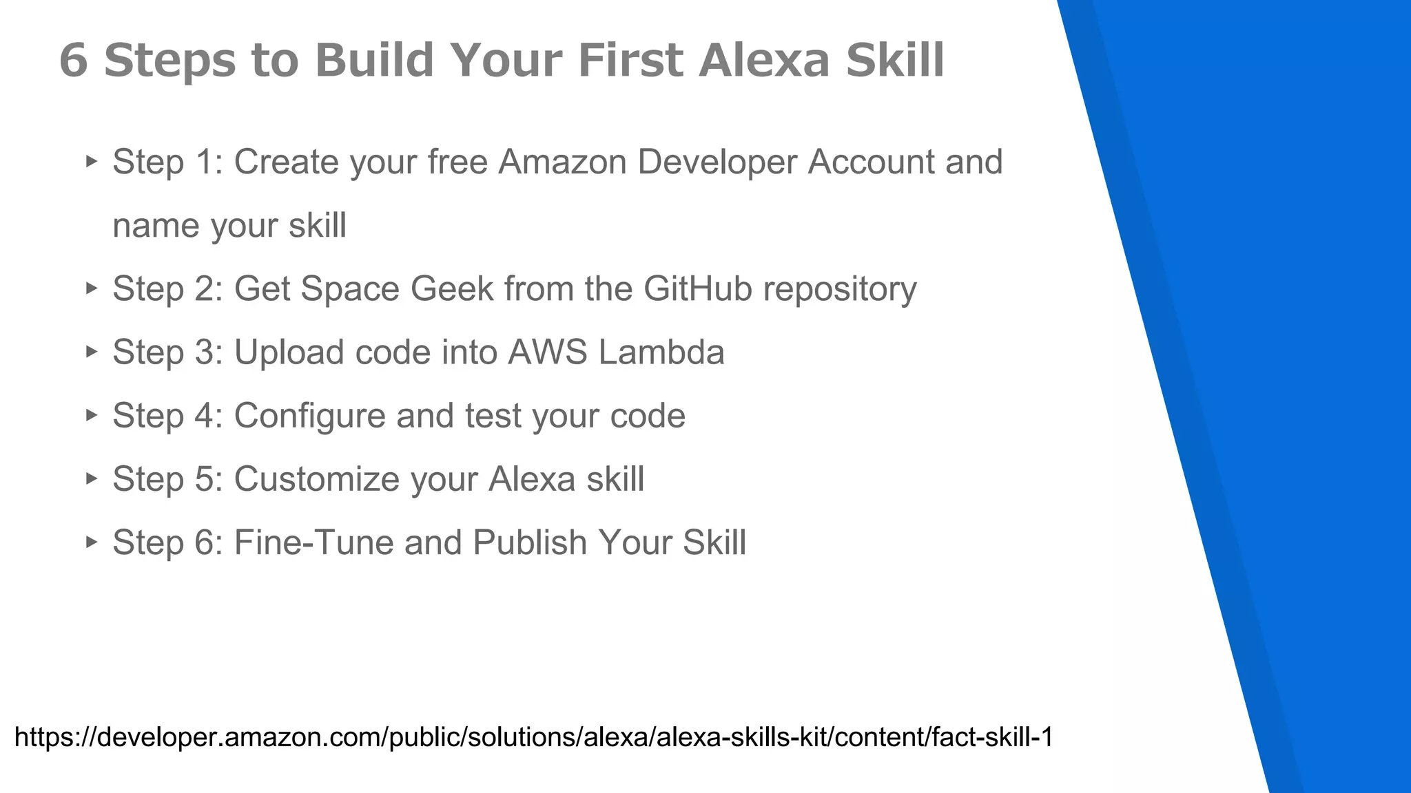 ▸Step 1: Create your free Amazon Developer Account and
name your skill
▸Step 2: Get Space Geek from the GitHub repository
▸Step 3: Upload code into AWS Lambda
▸Step 4: Configure and test your code
▸Step 5: Customize your Alexa skill
▸Step 6: Fine-Tune and Publish Your Skill
https://developer.amazon.com/public/solutions/alexa/alexa-skills-kit/content/fact-skill-1
6 Steps to Build Your First Alexa Skill
 