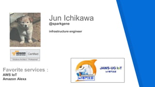 @sparkgene
Jun Ichikawa
Favorite services：
AWS IoT
Amazon Alexa
infrastructure engineer
 