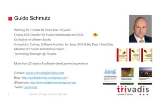 Guido Schmutz
Working for Trivadis for more than 19 years
Oracle ACE Director for Fusion Middleware and SOA
Co-Author of different books
Consultant, Trainer, Software Architect for Java, SOA & Big Data / Fast Data
Member of Trivadis Architecture Board
Technology Manager @ Trivadis
More than 25 years of software development experience
Contact: guido.schmutz@trivadis.com
Blog: http://guidoschmutz.wordpress.com
Slideshare: http://www.slideshare.net/gschmutz
Twitter: gschmutz
Internet of Things (IoT) and Big Data2
 