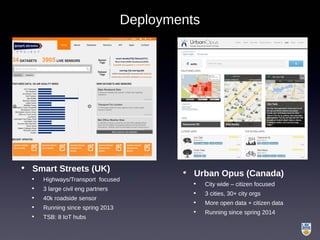 Deployments
• Smart Streets (UK)
• Highways/Transport focused
• 3 large civil eng partners
• 40k roadside sensor
• Running since spring 2013
• TSB: 8 IoT hubs
• Urban Opus (Canada)
• City wide – citizen focused
• 3 cities, 30+ city orgs
• More open data + citizen data
• Running since spring 2014
 
