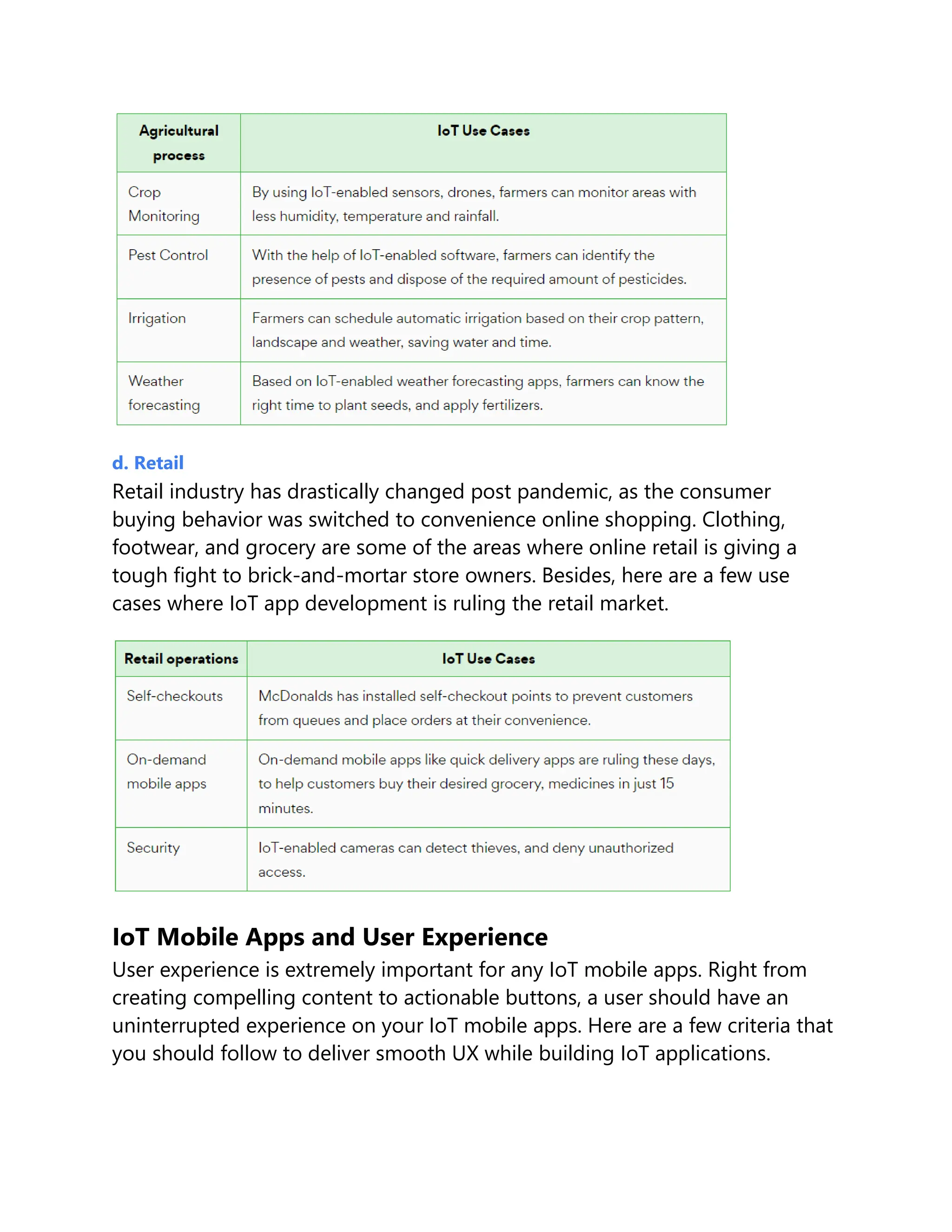 d. Retail
Retail industry has drastically changed post pandemic, as the consumer
buying behavior was switched to convenience online shopping. Clothing,
footwear, and grocery are some of the areas where online retail is giving a
tough fight to brick-and-mortar store owners. Besides, here are a few use
cases where IoT app development is ruling the retail market.
IoT Mobile Apps and User Experience
User experience is extremely important for any IoT mobile apps. Right from
creating compelling content to actionable buttons, a user should have an
uninterrupted experience on your IoT mobile apps. Here are a few criteria that
you should follow to deliver smooth UX while building IoT applications.
 