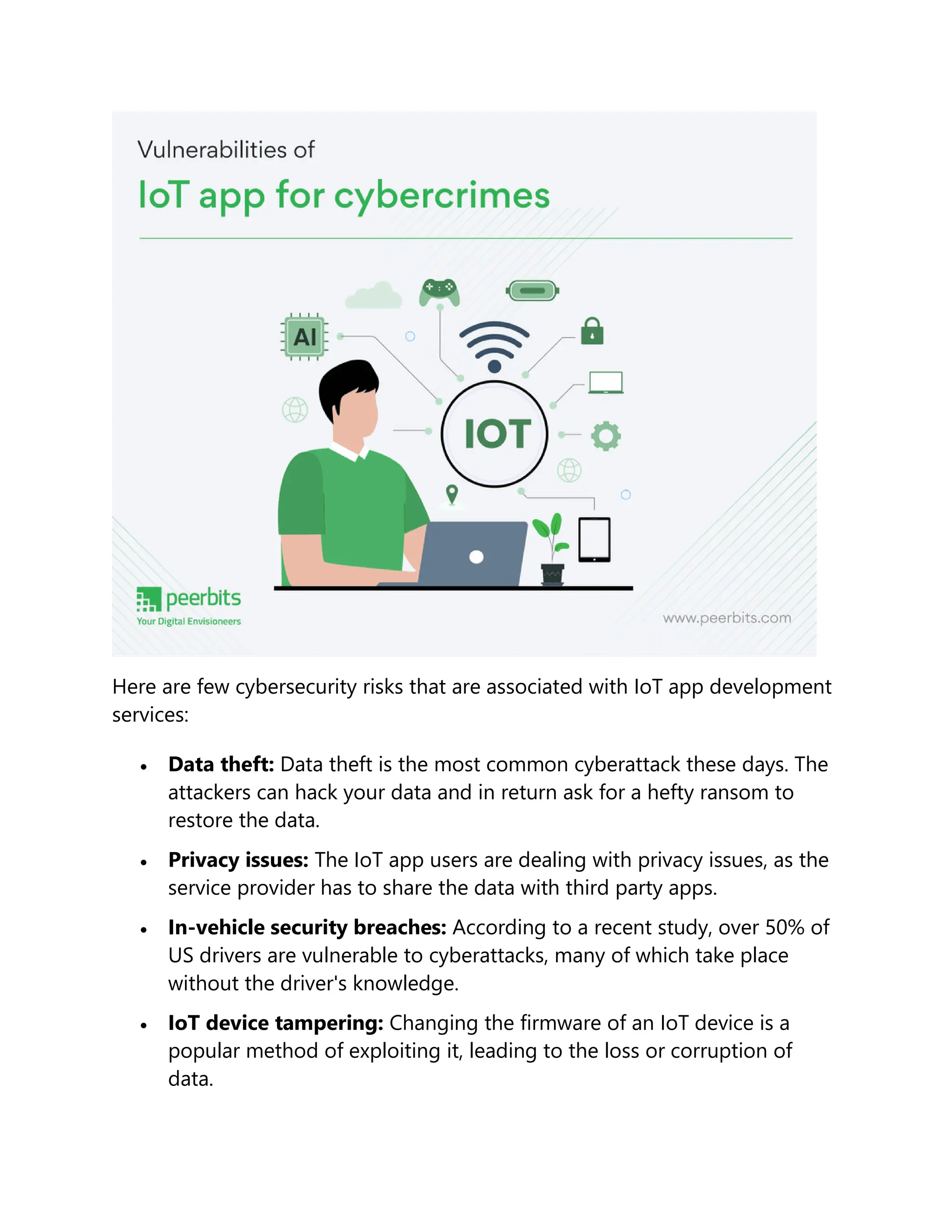 Here are few cybersecurity risks that are associated with IoT app development
services:
 Data theft: Data theft is the most common cyberattack these days. The
attackers can hack your data and in return ask for a hefty ransom to
restore the data.
 Privacy issues: The IoT app users are dealing with privacy issues, as the
service provider has to share the data with third party apps.
 In-vehicle security breaches: According to a recent study, over 50% of
US drivers are vulnerable to cyberattacks, many of which take place
without the driver's knowledge.
 IoT device tampering: Changing the firmware of an IoT device is a
popular method of exploiting it, leading to the loss or corruption of
data.
 