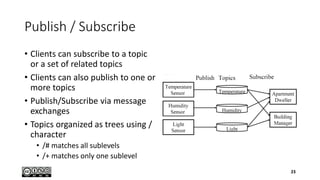 Publish / Subscribe
23
• Clients can subscribe to a topic
or a set of related topics
• Clients can also publish to one or
more topics
• Publish/Subscribe via message
exchanges
• Topics organized as trees using /
character
• /# matches all sublevels
• /+ matches only one sublevel
 