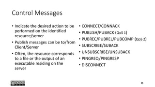Control Messages
• Indicate the desired action to be
performed on the identified
resource/server
• Publish messages can be to/from
Client/Server
• Often, the resource corresponds
to a file or the output of an
executable residing on the
server
• CONNECT/CONNACK
• PUBLISH/PUBACK (QoS 1)
• PUBREC/PUBREL/PUBCOMP (QoS 2)
• SUBSCRIBE/SUBACK
• UNSUBSCRIBE/UNSUBACK
• PINGREQ/PINGRESP
• DISCONNECT
25
 