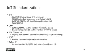 IoT Standardization
• IETF
• 6LoWPAN Working Group (IPv6 anywhere)
• ROLL (Routing Over Low-power Lossy Networks) WG
• CoRE WG (REST for IoT, CoAP, Resource Directory etc.)
• TLS WG (DTLS)
• OMA
• Lightweight M2M Enabler Standard (CoAP/DTLS based)
• Device Management 2.0 Enabler Standard (HTTP/TLS based)
• ETSI / OneM2M
• Ongoing work on M2M system standardization (CoAP, HTTP binding)
• W3C
• Efficient XML Interchange (EXI) standardization
• ZigBee IP
• An open-standard 6LoWPAN stack for e.g. Smart Energy 2.0
65
 