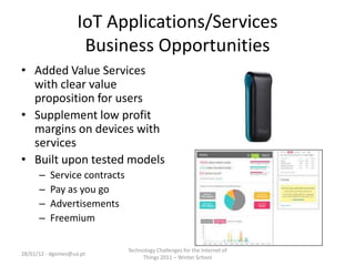 IoT Applications/Services
                     Business Opportunities
• Added Value Services
  with clear value
  proposition for users
• Supplement low profit
  margins on devices with
  services
• Built upon tested models
      –   Service contracts
      –   Pay as you go
      –   Advertisements
      –   Freemium

                              Technology Challenges for the Internet of
28/01/12 - dgomes@ua.pt
                                   Things 2011 – Winter School
 