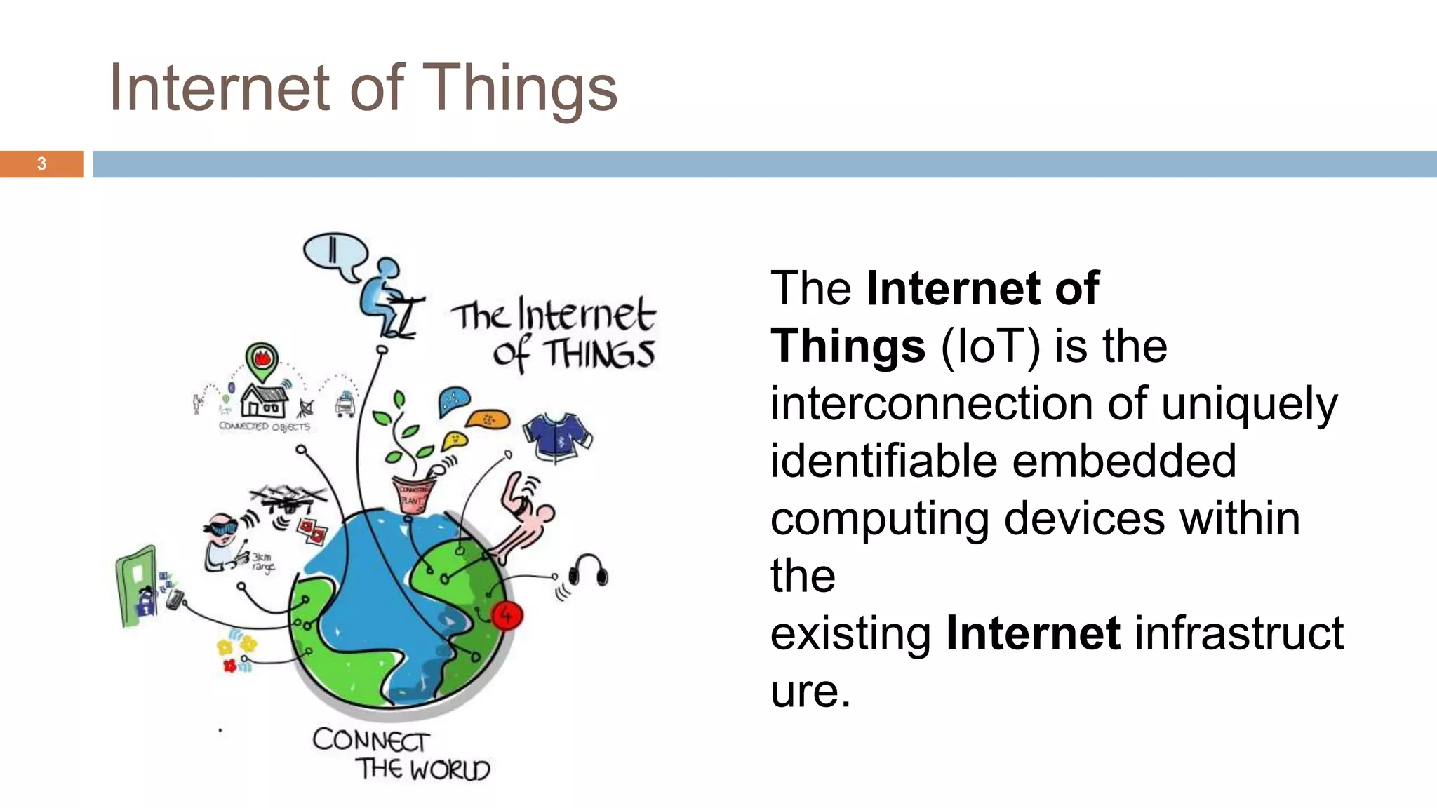 Internet of Things
The Internet of
Things (IoT) is the
interconnection of uniquely
identifiable embedded
computing devices within
the
existing Internet infrastruct
ure.
3