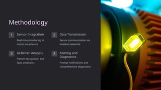 Methodology
1 Sensor Integration
Real-time monitoring of
motor parameters
2 Data Transmission
Secure communication via
wireless networks
3 AI-Driven Analysis
Pattern recognition and
fault prediction
4 Alerting and
Diagnostics
Prompt notifications and
comprehensive diagnostics
 