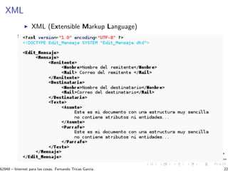 XML
XML (Extensible Markup Language)
62949 – Internet para las cosas. Fernando Tricas Garc´ıa. 22
 