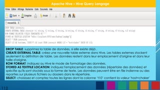 112
Apache Hive – Hive Query Langage
DROP TABLE: supprimez la table de données, si elle existe déjà .
CREATE EXTERNAL TABLE: créez une nouvelle table externe dans Hive. Les tables externes stockent
seulement la définition de table. Les données restent dans leur emplacement d'origine et dans leur
taille d'origine.
ROW FORMAT: indiquez au Hive le mode de formatage des données.
STORED AS TEXTFILE LOCATION: indiquez l'emplacement des données (répertoire des données) et
spécifie qu'ils sont stockés sous la forme de texte. Les données peuvent être en file indienne ou des
reparties sur plusieurs fichiers ou dossiers dans le répertoire.
SELECT: choisissez et comptez toutes les lignes dont la colonne ‘t10’ contient la valeur 'host=chaker'
 
