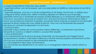 63
openHAB Framework – Architecture (1)
Le projet d'openHAB est divisé dans deux parties :
* openhab-runtime: ceci est le paquet, que vous exécuterez en réalité sur votre serveur et qui fait le
vrai travail.
* openhab-designer: ceci est un outil de configuration et de design, fournit avec un éditeur pour
configurer le temps d'exécution, définir l’interface utilisateur et mettre en œuvre les rôles.
openHAB runtime est un ensemble de paquets d'OSGI déployés sur un Framework OSGI (Equinoxe).
C'est donc une solution Java pure et a besoin d'un JVM pour fonctionner. Étant basé sur OSGI, il
fournit une architecture fortement modulaire, qui permet même d'ajouter et enlever la fonctionnalité
pendant le temps d'exécution sans arrêter le service. Voici une vue d'ensemble des paquets
principaux et comment ils dépendent l'un de l'autre :
- Communication:
OpenHAB a deux chaînes de communication interne différentes, un événement asynchrone
transporte en autobus un dépôt « stateful », qui peut être requêté.
- Le bus d‘événement
Le bus d'événement est le service de base d'openHAB, tous les paquets qui n'exigent pas le
comportement « stateful », il devraient l'utiliser pour informer d'autres paquets d'événements et être
mis à jour par d'autres paquets sur des événements externes.
Il y a principalement deux types d'événements :
Les commandes que déclenchent une action ou un changement d'état d'un certain article ou
dispositif.
 