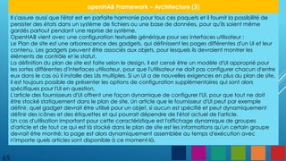 65
openHAB Framework – Architecture (3)
Il s'assure aussi que l'état est en parfaite harmonie pour tous ces paquets et il fournit la possibilité de
persister des états dans un système de fichiers ou une base de données, pour qu'ils soient même
gardés partout pendant une reprise de système.
OpenHAB vient avec une configuration textuelle générique pour ses interfaces utilisateur :
Le Plan de site est une arborescence des gadgets, qui définissent les pages différentes d'un UI et leur
contenu. Les gadgets peuvent être associés aux objets, pour lesquels ils devraient montrer les
éléments de contrôle et le statut.
La définition du plan de site est faite selon le design, il est censé être un modèle d'UI approprié pour
les sortes différentes d'interfaces utilisateur, pour que l'utilisateur ne doit pas configurer chacun d'entre
eux dans le cas où il installe des UIs multiples. Si un UI a de nouvelles exigences en plus du plan de site,
il est toujours possible de présenter les options de configuration supplémentaires qui sont alors
spécifiques pour l'UI en question.
L'article des fournisseurs d'UI offrent une façon dynamique de configurer l'UI, pour que tout ne doit
être stocké statiquement dans le plan de site. Un article que le fournisseur d'UI peut par exemple
définir, quel gadget devrait être utilisé pour un objet, si aucun est spécifié et peut dynamiquement
définir des icônes et des étiquettes et qui pourrait dépendre de l'état actuel de l'article.
Un cas d'utilisation important pour cette caractéristique est l'affichage dynamique de groupes
d'article et de tout ce qui est là stocké dans le plan de site est les informations qu'un certain groupe
devrait être montré; la page est alors dynamiquement assemblée au temps d'exécution avec
n'importe quels articles sont disponible à ce moment-là.
 