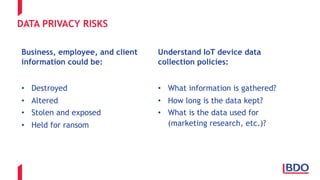 DATA PRIVACY RISKS
Business, employee, and client
information could be:
• Destroyed
• Altered
• Stolen and exposed
• Held for ransom
Understand IoT device data
collection policies:
• What information is gathered?
• How long is the data kept?
• What is the data used for
(marketing research, etc.)?
 