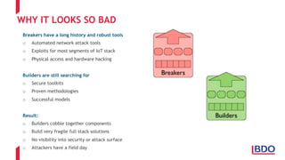 WHY IT LOOKS SO BAD
Breakers have a long history and robust tools
o Automated network attack tools
o Exploits for most segments of IoT stack
o Physical access and hardware hacking
Builders are still searching for
o Secure toolkits
o Proven methodologies
o Successful models
Result:
o Builders cobble together components
o Build very fragile full stack solutions
o No visibility into security or attack surface
o Attackers have a field day
 