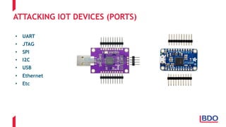 ATTACKING IOT DEVICES (PORTS)
• UART
• JTAG
• SPI
• I2C
• USB
• Ethernet
• Etc
 