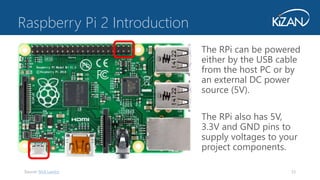 23
The RPi can be powered
either by the USB cable
from the host PC or by
an external DC power
source (5V).
The RPi also has 5V,
3.3V and GND pins to
supply voltages to your
project components.
Raspberry Pi 2 Introduction
Source: Nick Landry
 